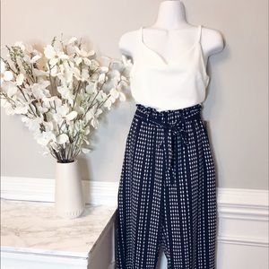 White and Navy Blue Romper, Wide Ankle Pants